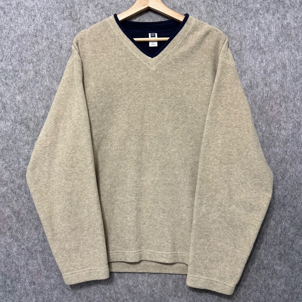 Vintage Gap Mens‎ Large V-Neck Fleece Pullover Sweater Tan Beige Comfort